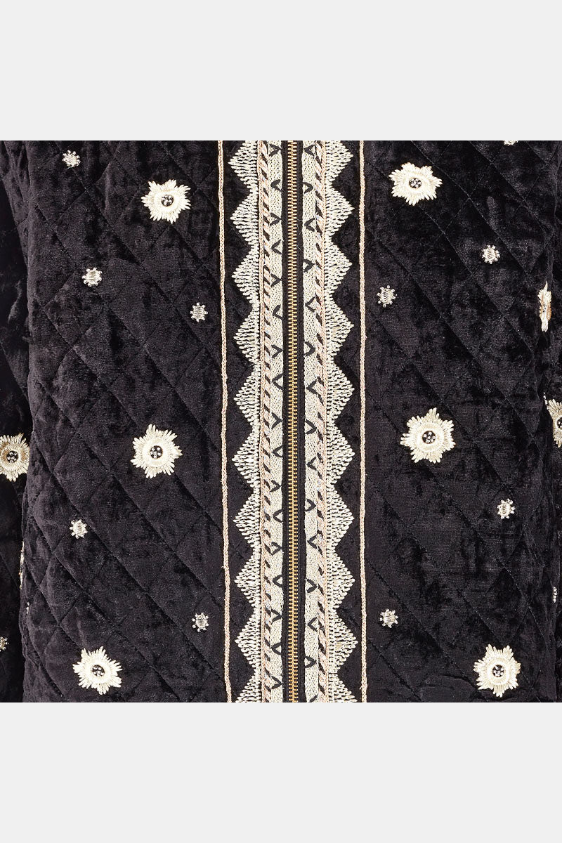 Detail shot. Amande black velvet gold embroidered jacket.
