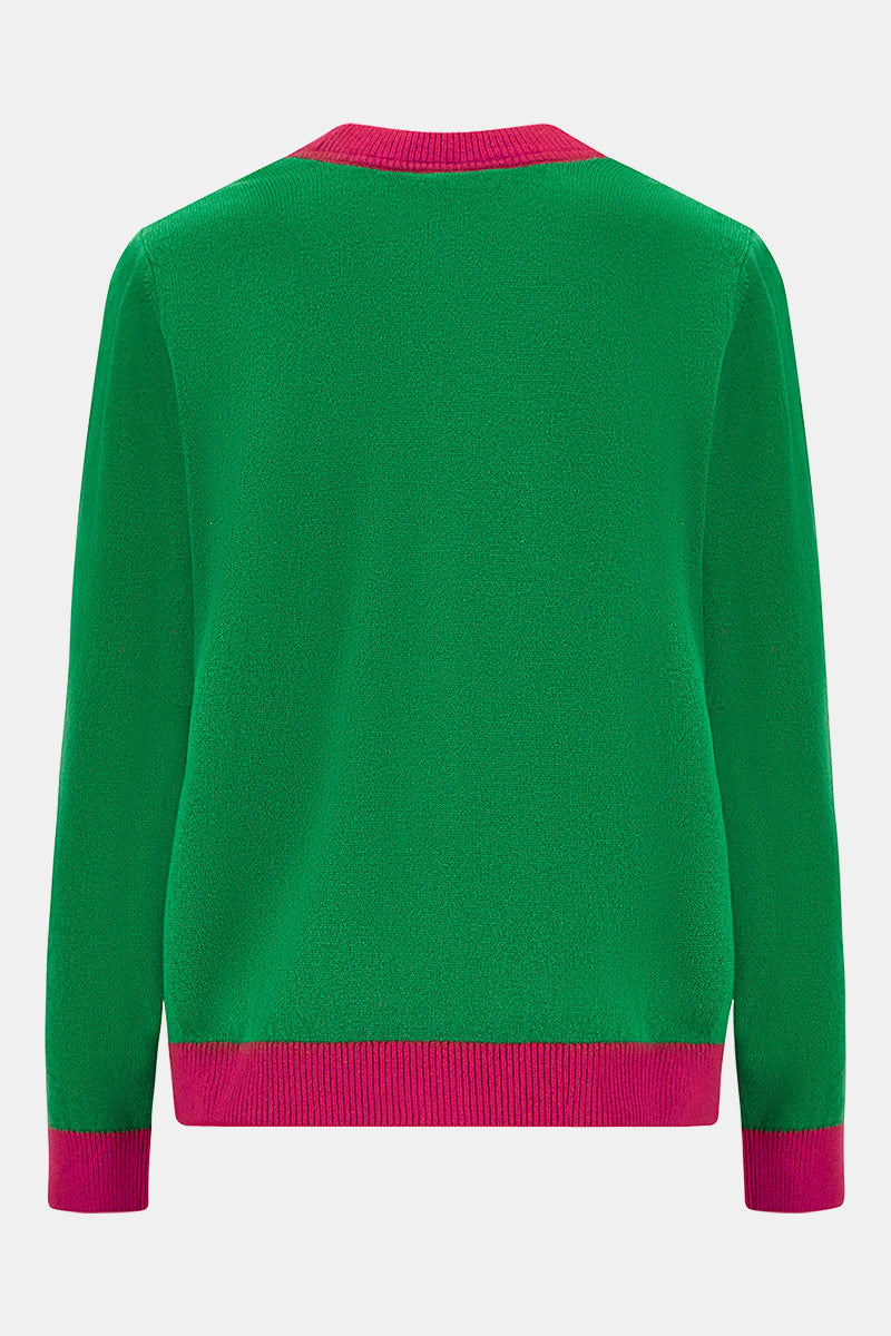 Back shot of EAST Kally Green and Pink Cashmere Button Cardigan