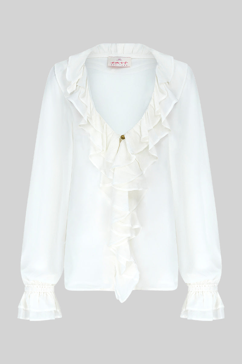 Front shot of East Heritage White Nuan Ruffle top