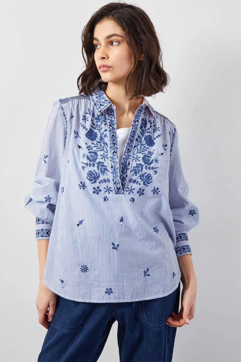 Teleri Embroidered Stripe Cotton Shirt