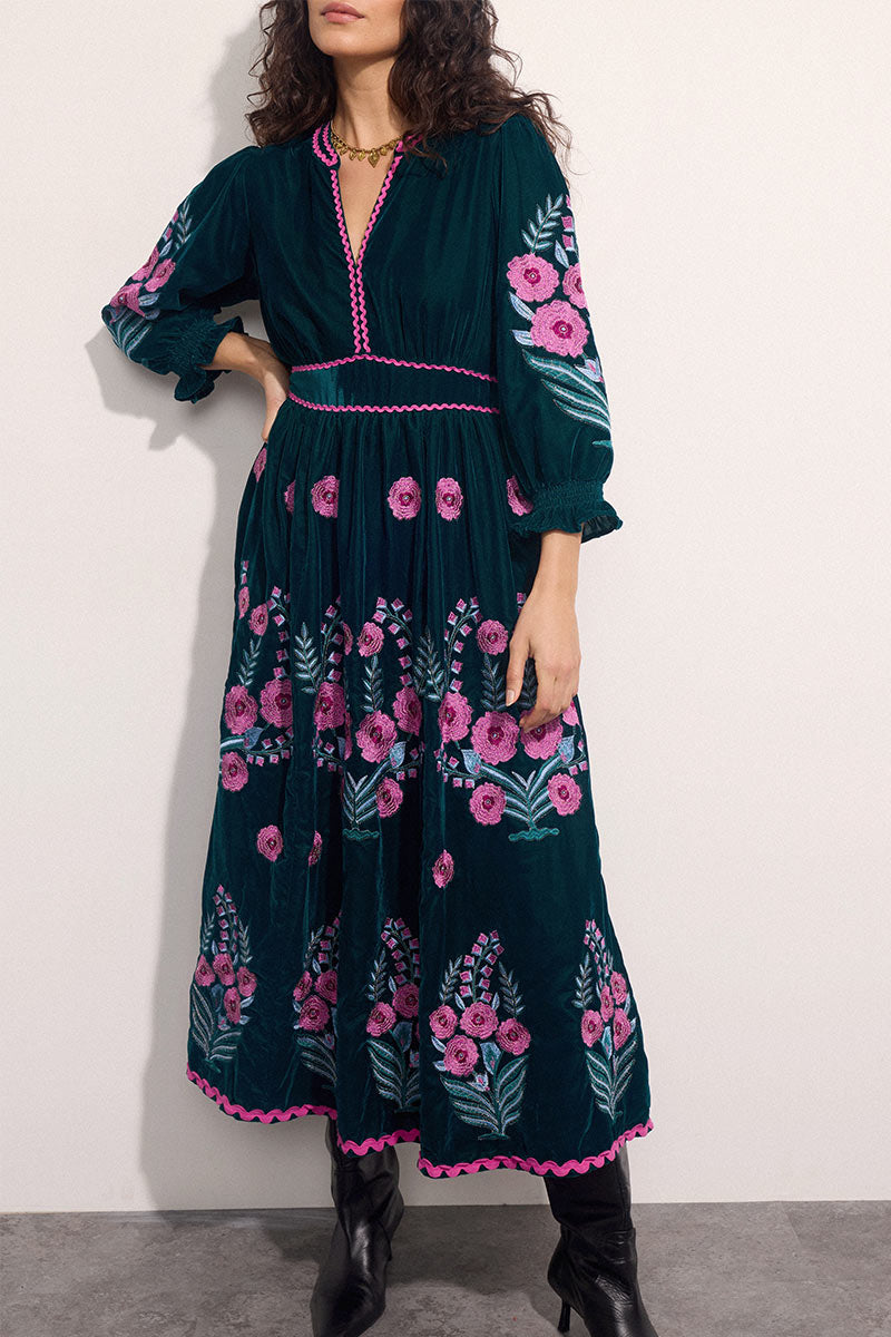 Logan Floral Embroidered Velvet Maxi Dress
