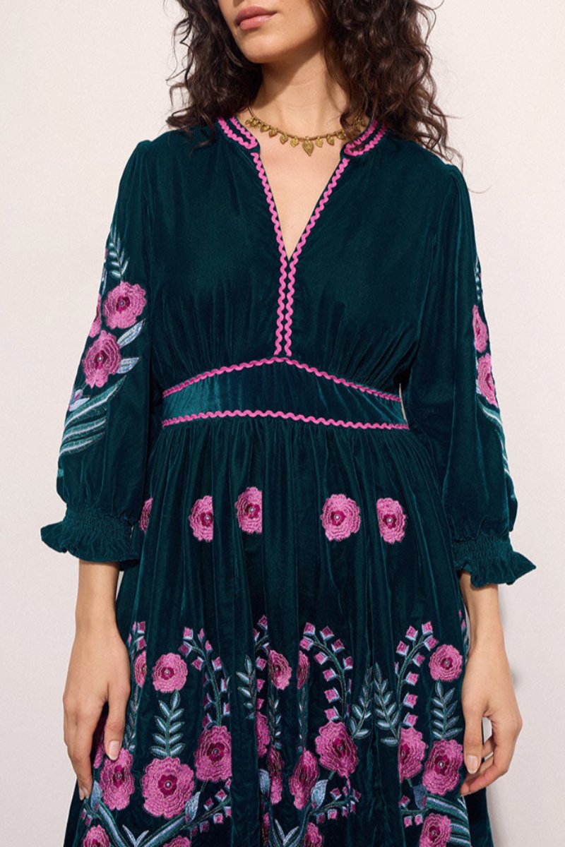 Logan Floral Embroidered Velvet Maxi Dress