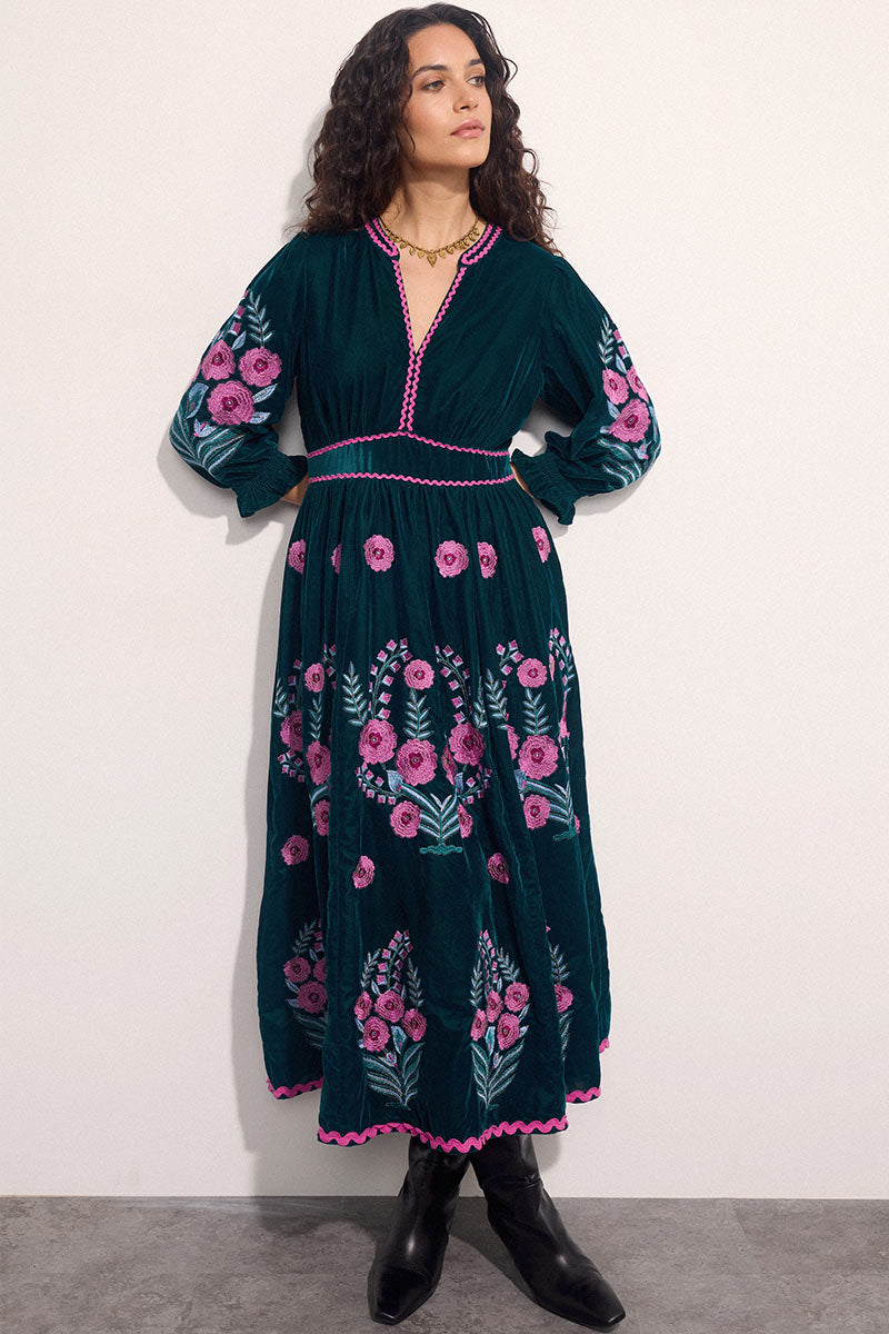 Logan Floral Embroidered Velvet Maxi Dress