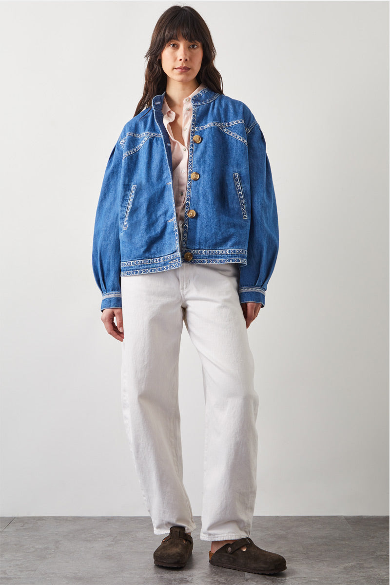 Renia Denim Embroidered Bomber Jacket
