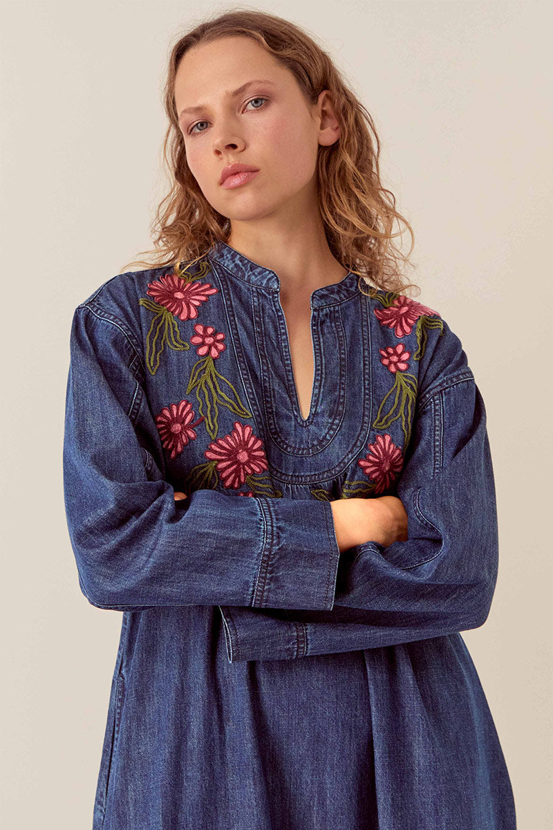 Reyna Denim Embroidered Dress