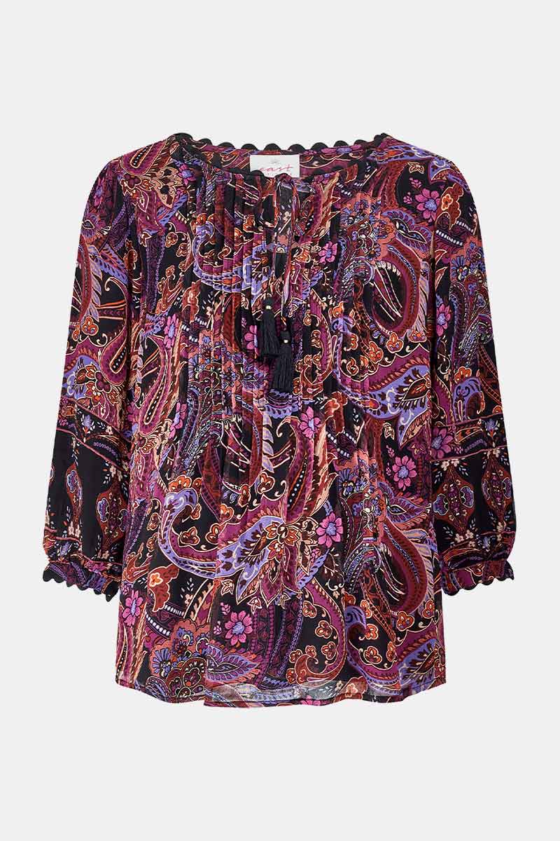 Front shot East Heritage Aubrie paisley berry printed top