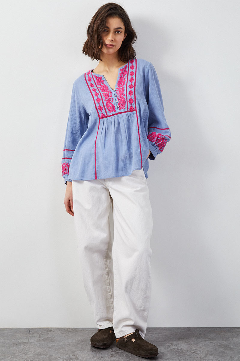 Circe Paisley Embroidered Light Blue Top