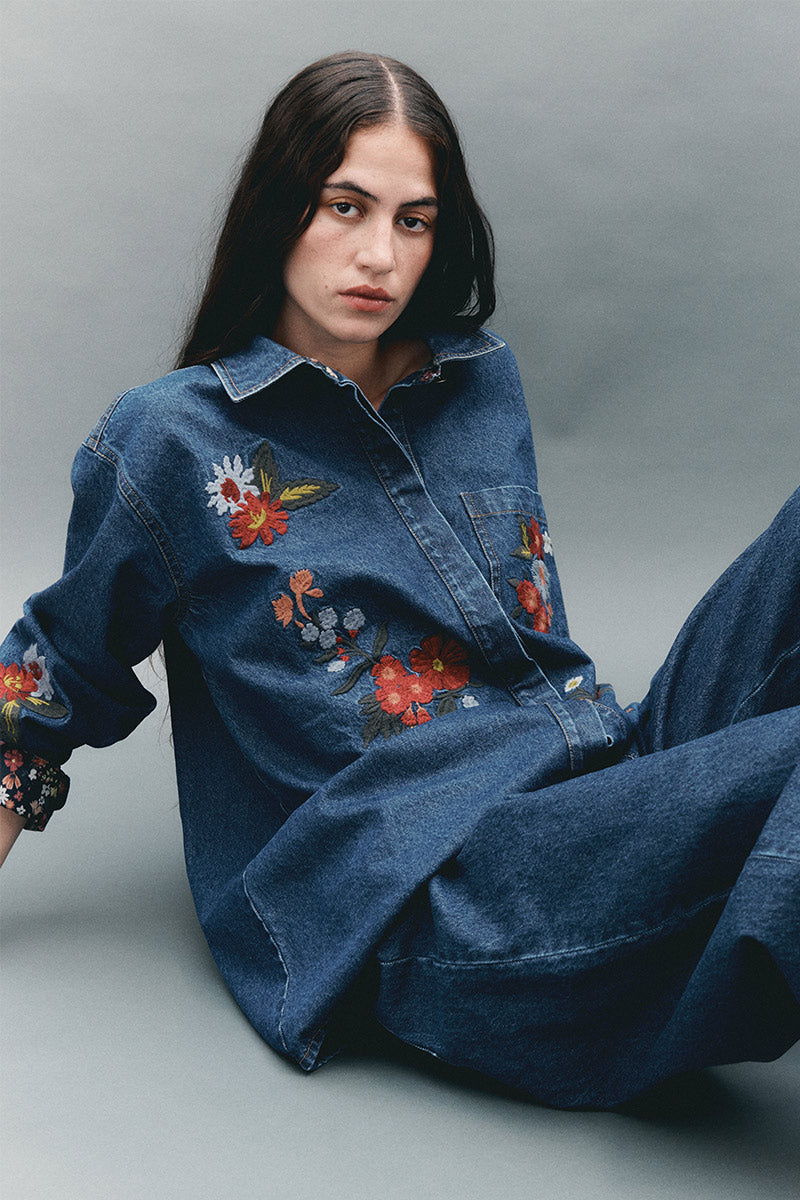 Ozla Denim Embroidered Floral Shirt