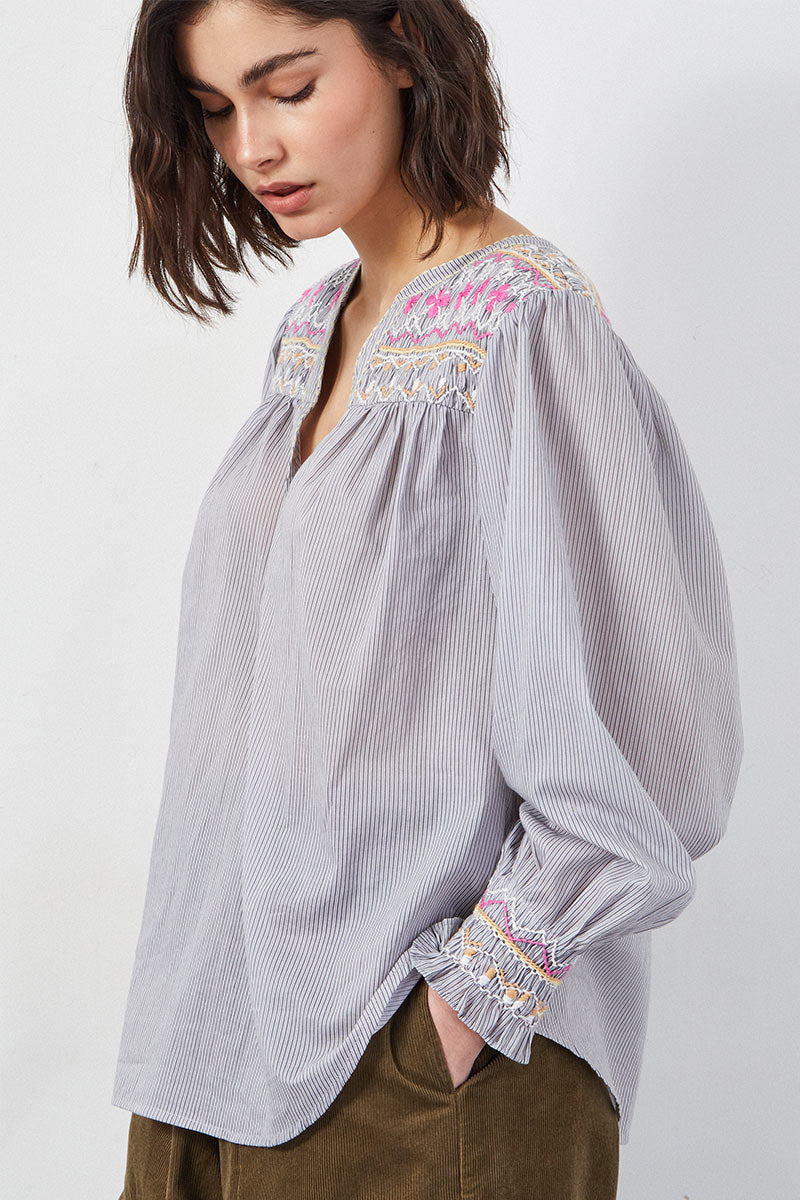 Alma Striped Embroidered Top