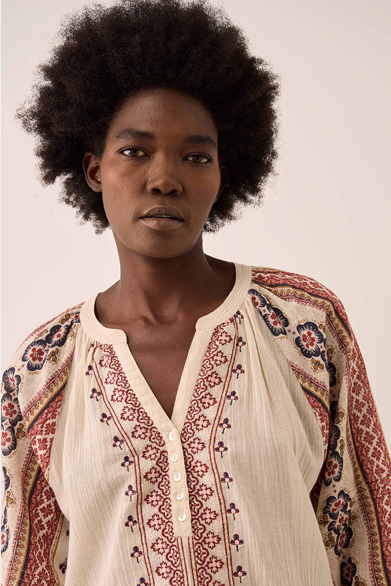 Gabriette Geometric Print Embroidered Top