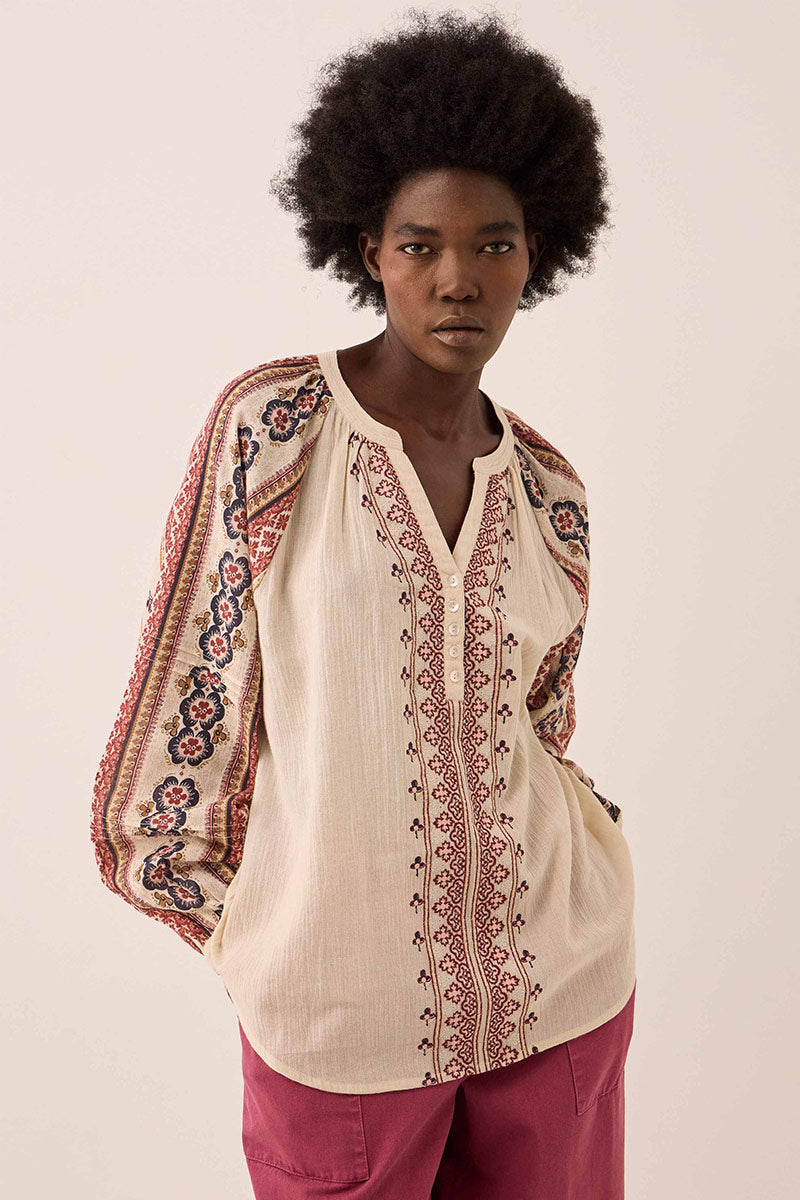 Gabriette Geometric Print Embroidered Top