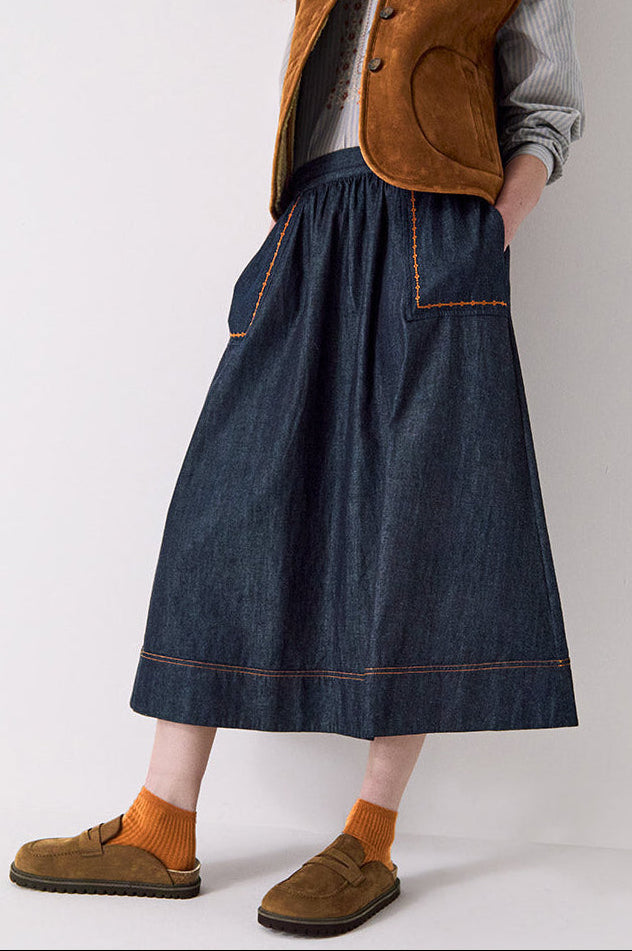 Jayla Denim Embroidered Midi Skirt