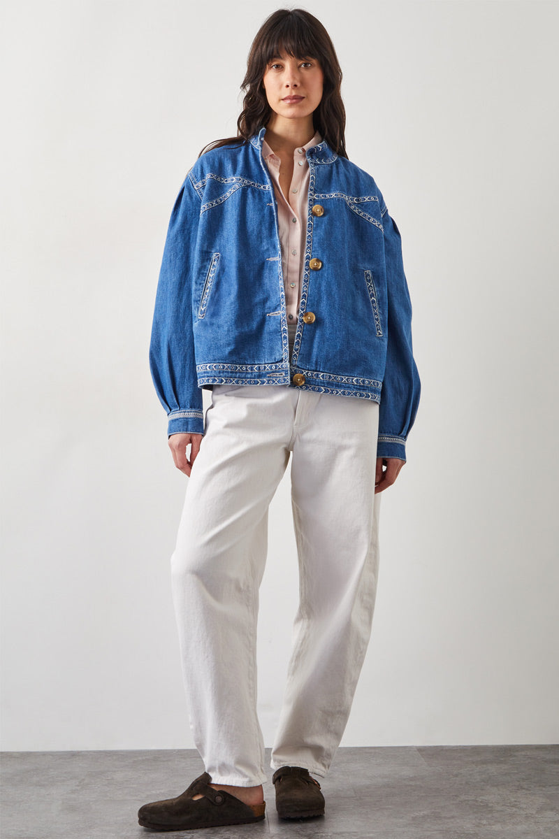 Renia Denim Embroidered Bomber Jacket