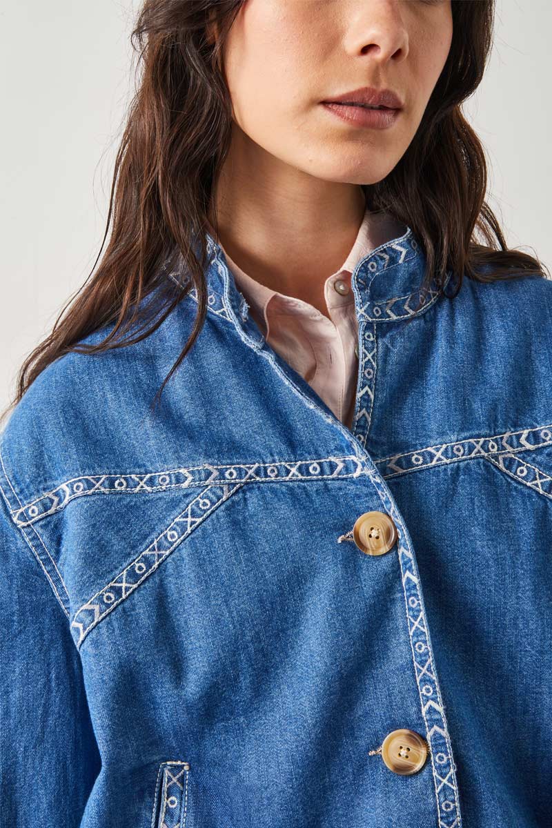 Renia Denim Embroidered Bomber Jacket