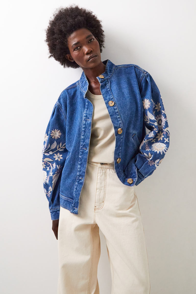Rosana Embroidered Denim Bomber Jacket