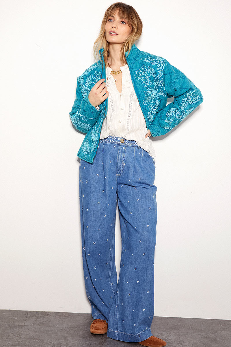 Tate Floral Embroidered Quilted Blue