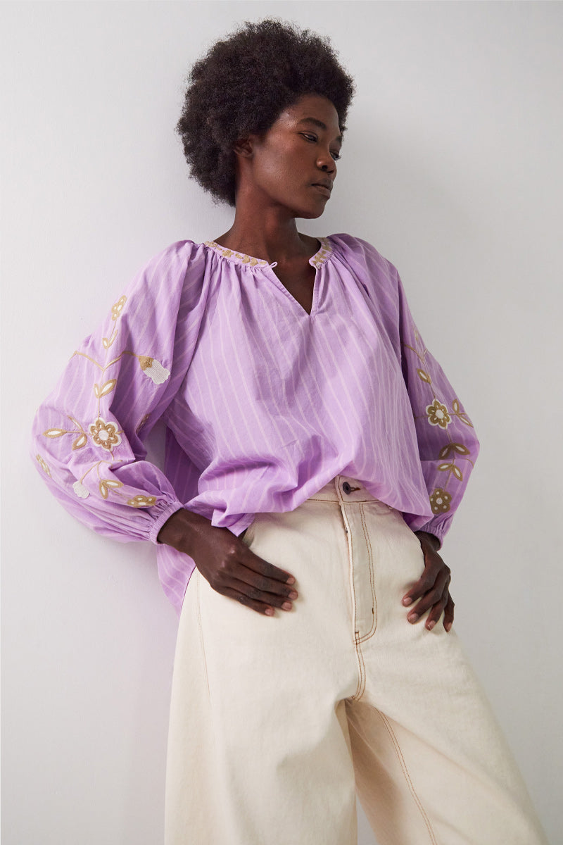 Zaria Embroidered Striped Cotton Top